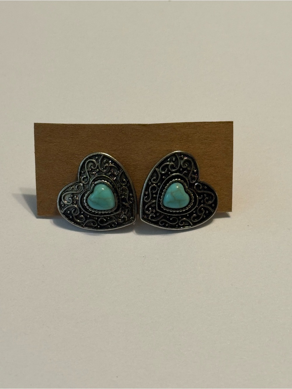 Boho Silver Tone Engraved Turquoise Heart Stud Earrings